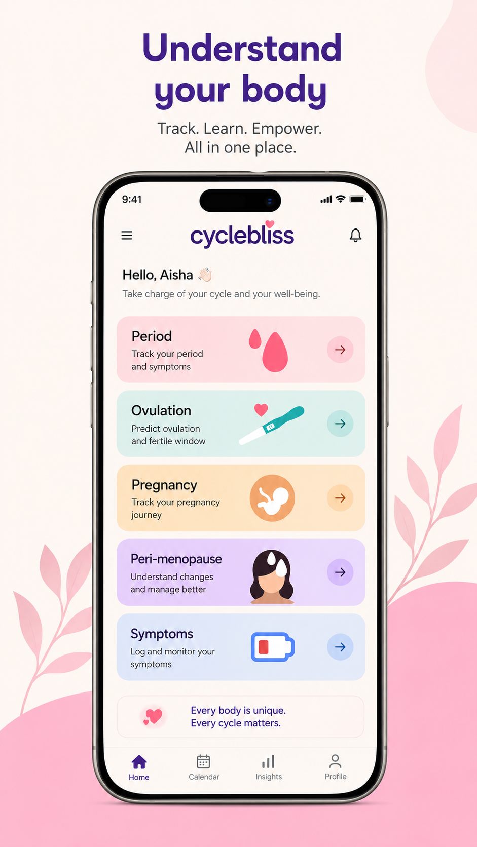 CycleBliss menu with Period, Ovulation, Pregnancy and Perimenopause sections